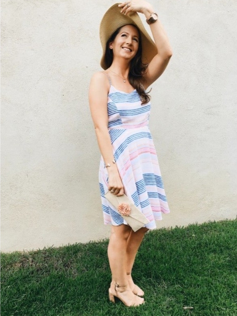 Striped Spaghetti-Strap Sundress in Blue & Pink